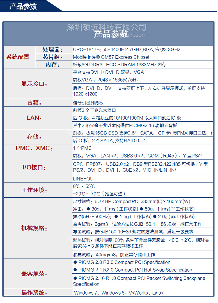 研祥6U COMPACT PCI INTEL 第四代 I7/I5 高性能计算机CPC-1817B