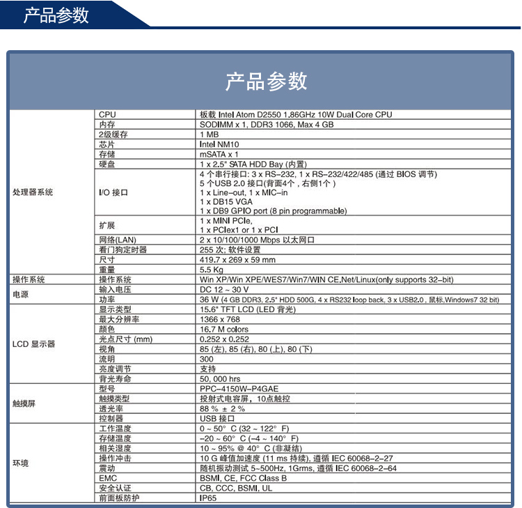 全新研华 嵌入式无风扇工业平板电脑 无噪音低功耗 PPC-4150W