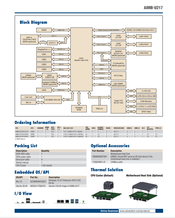 研华AIMB-U217 英特尔®Atom™E3950/E3940 QC 1.6 GHz UTX工业主板