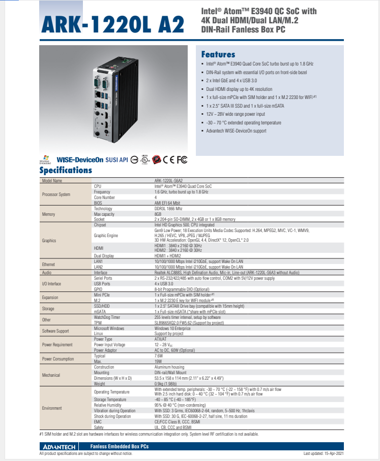 研华无风扇嵌入式工控机ARK-1220L