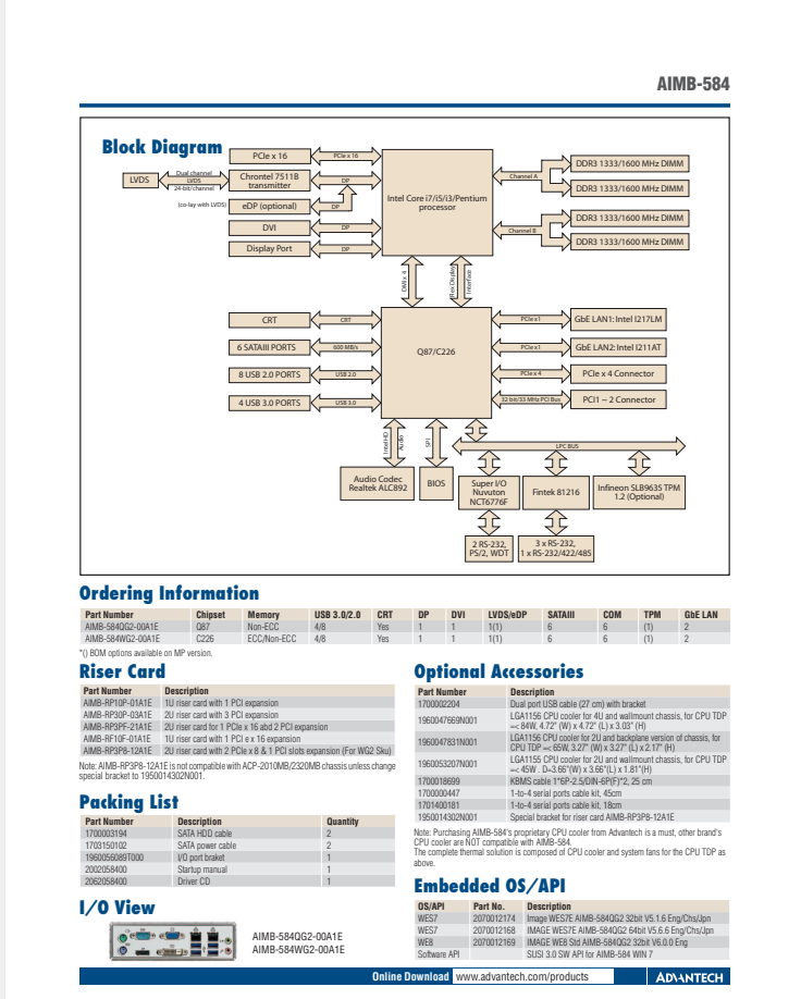 研华 MicroATX 主板 / AIMB-584 /Intel®Xeon®E3/Core™ i7/i5/i3 LGA1150 
