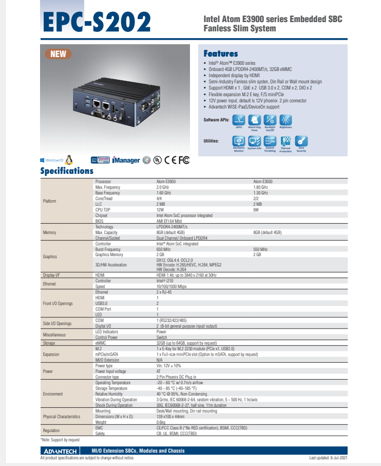 研华嵌入式工控机EPC-S202 Intel® Atom™ E3900 series Embedded SBC Fanless Slim System