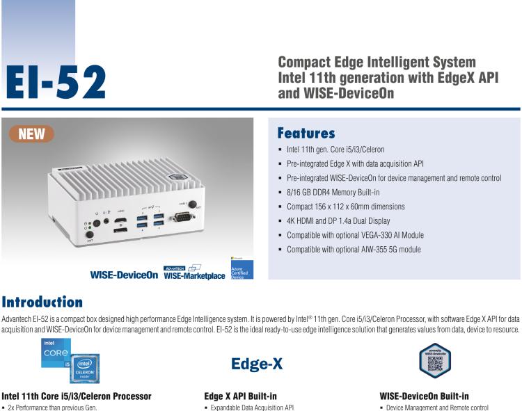 研华EI-52 研华EI-52，边缘计算系统，支持 Intel 11th gen CPU，可选 Core i5 /i3 /Celeron 处理器，具备丰富扩展接口 2 x LAN，2 x COM，6 x USB等，内部可以通过 miniPCIe 或 M.2 扩展AI加速卡实现工业AI机器视觉，搭载5G通讯模块。