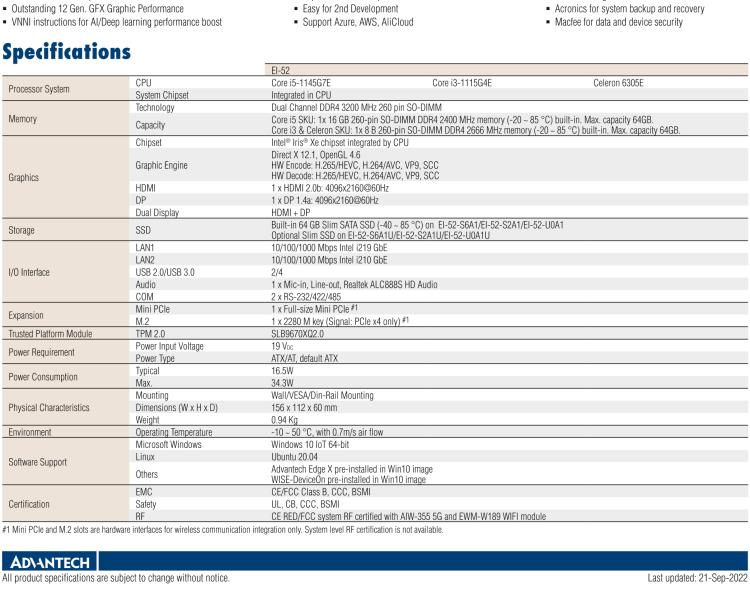 研华EI-52 研华EI-52，边缘计算系统，支持 Intel 11th gen CPU，可选 Core i5 /i3 /Celeron 处理器，具备丰富扩展接口 2 x LAN，2 x COM，6 x USB等，内部可以通过 miniPCIe 或 M.2 扩展AI加速卡实现工业AI机器视觉，搭载5G通讯模块。