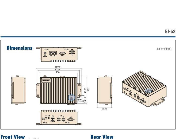 研华EI-52 研华EI-52，边缘计算系统，支持 Intel 11th gen CPU，可选 Core i5 /i3 /Celeron 处理器，具备丰富扩展接口 2 x LAN，2 x COM，6 x USB等，内部可以通过 miniPCIe 或 M.2 扩展AI加速卡实现工业AI机器视觉，搭载5G通讯模块。