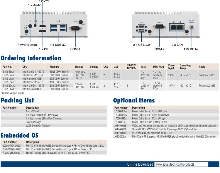 研华EI-52 研华EI-52，边缘计算系统，支持 Intel 11th gen CPU，可选 Core i5 /i3 /Celeron 处理器，具备丰富扩展接口 2 x LAN，2 x COM，6 x USB等，内部可以通过 miniPCIe 或 M.2 扩展AI加速卡实现工业AI机器视觉，搭载5G通讯模块。
