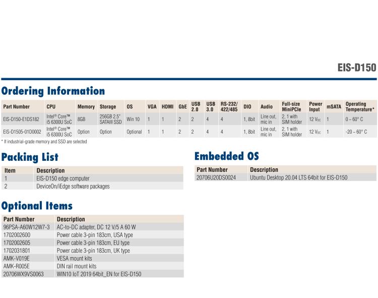 研华EIS-D150 研华EIS-D150，边缘计算系统，支持Intel 第六代处理器，可选i3/i5/i7 CPU，最高支持 16 GB内存，具备丰富扩展接口 2 x LAN，4 x COM，6 x USB等，同时还可以扩展 iDoor 和 ARK-Plus 模组增加更多的扩展能力，可以根据现场应用需求，灵活定制。