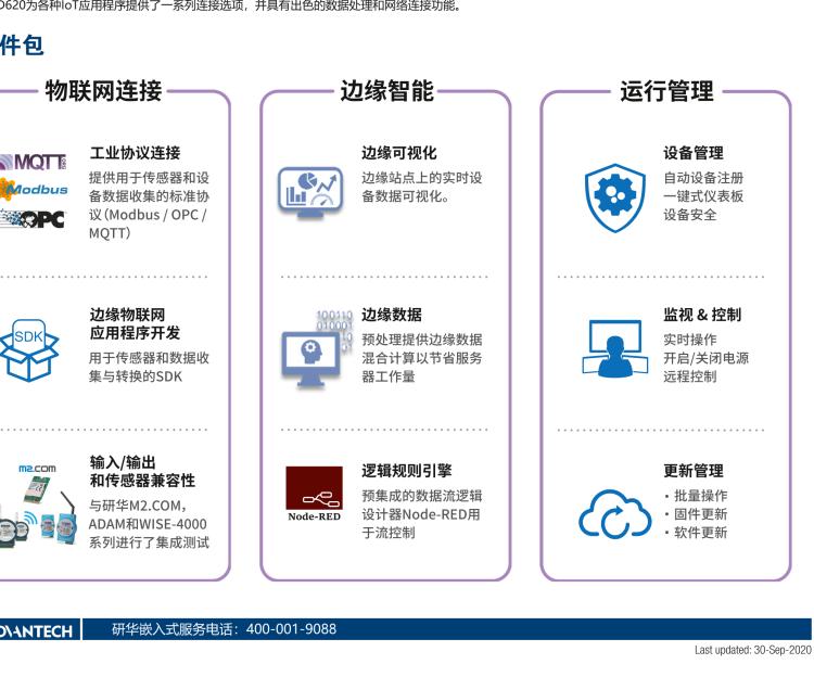 研华EIS-D620 研华EIS-D620，边缘计算系统网关，基于Rockchip RK3399处理器，板载2GB内存，16GB eMMC 存储，低功耗边缘智能设备，具备丰富扩展接口 2 x LAN，1 x COM，1 x USB，2 x HDMI等，体积非常小巧，适用于边缘设备控制及数据采集等应用场景。
