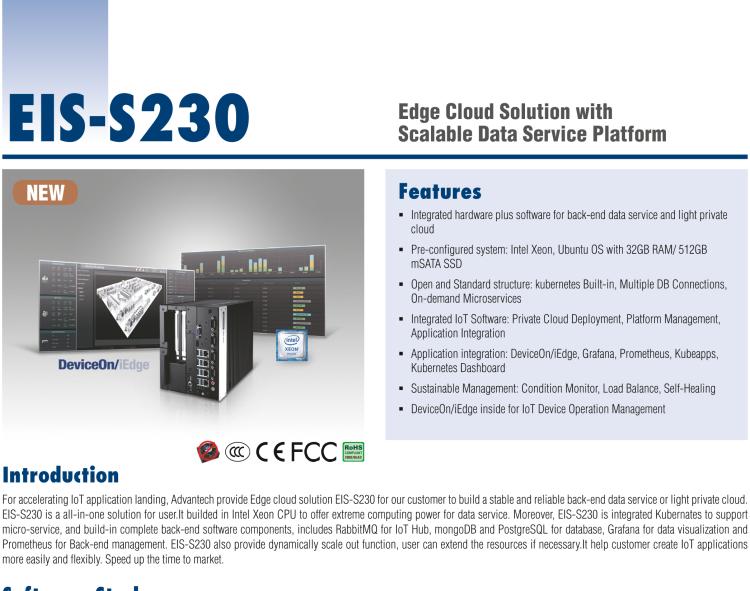 研华EIS-S230 研华 EIS-S230，边缘计算系统服务器，支持Intel 第六代、第七代处理器，可选i3/i5/i7 Xeon CPU，DDR4 最高32GB，最多可支持4 x 2.5寸硬盘，具备丰富扩展接口 4 x LAN，4 x COM，8 x USB，2 x PCIE。产品生命周期长，稳定可靠。