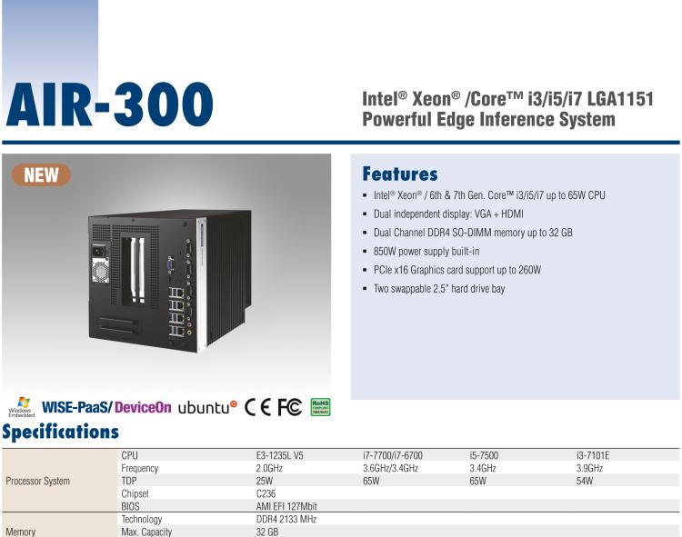 研华AIR-300 支持Intel Xeon / 6/7代Core™i3/i5/i7处理器，AI计算平台，可扩展 PCIe x16 GPU全尺寸卡