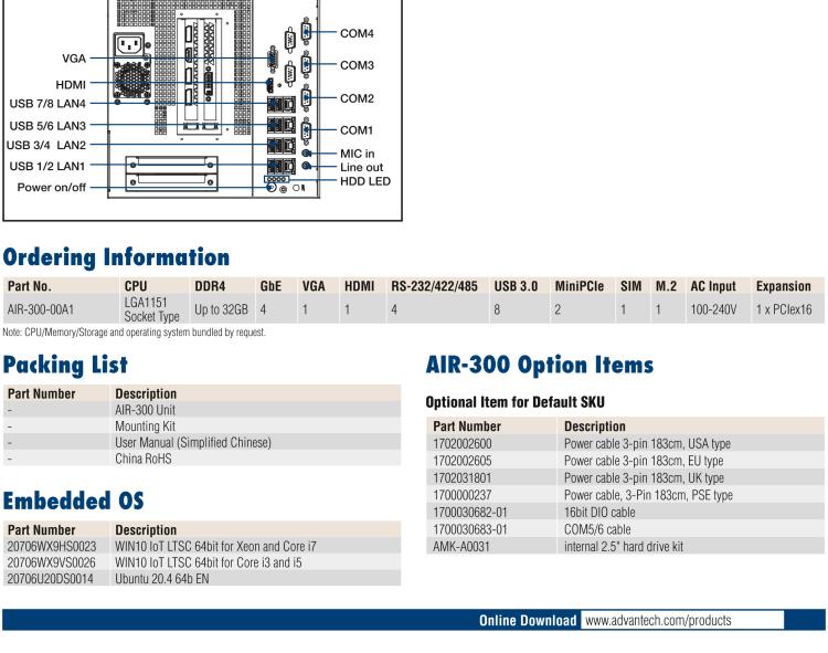 研华AIR-300 支持Intel Xeon / 6/7代Core™i3/i5/i7处理器，AI计算平台，可扩展 PCIe x16 GPU全尺寸卡