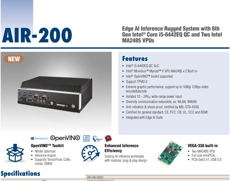 研华AIR-200 基于Intel Core i5-6442EQ处理器，AI计算平台，内置Myriad X VPU * 2