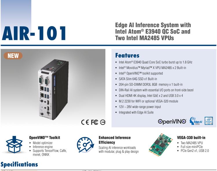 研华AIR-101 基于Intel Atom E3940处理器，AI计算平台，内置Myriad X VPU * 2