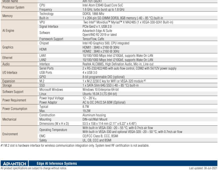 研华AIR-101 基于Intel Atom E3940处理器，AI计算平台，内置Myriad X VPU * 2