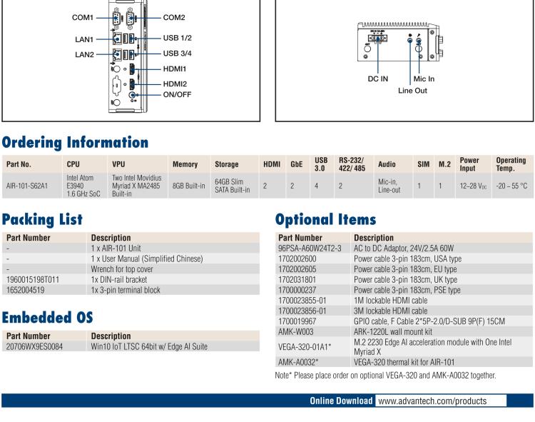 研华AIR-101 基于Intel Atom E3940处理器，AI计算平台，内置Myriad X VPU * 2