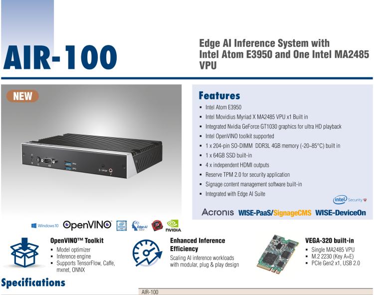 研华AIR-100 基于Intel Atom E3950处理器，AI计算平台，内置Myriad X VPU * 1