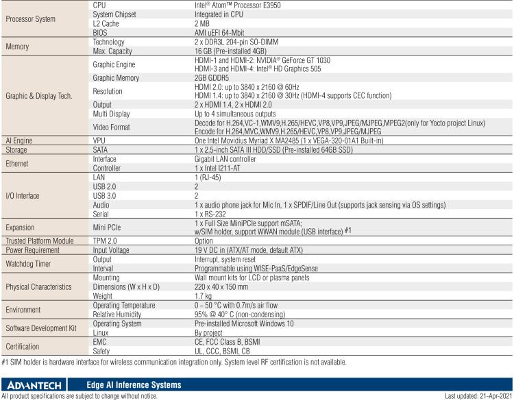 研华AIR-100 基于Intel Atom E3950处理器，AI计算平台，内置Myriad X VPU * 1
