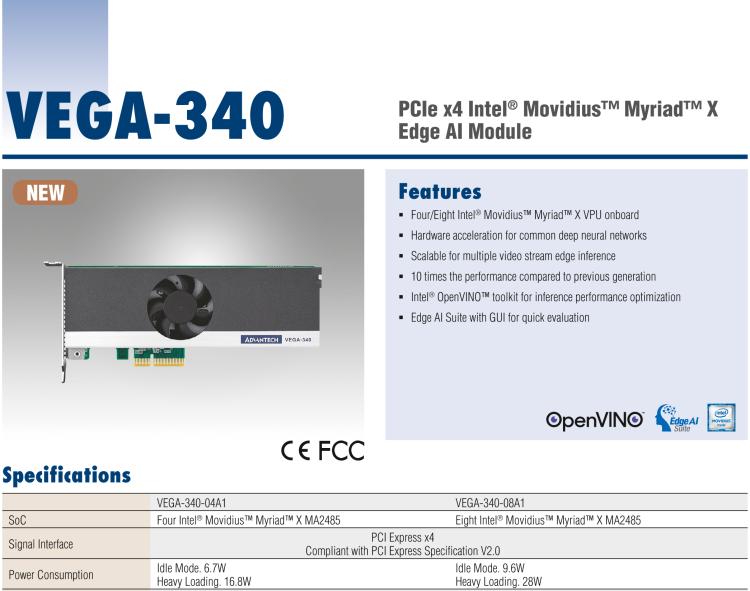 研华VEGA-340 基于Intel Movidius™ Myriad™ X VPU，PCIe x4 Edge AI 模块，VPU*4 or VPU*8