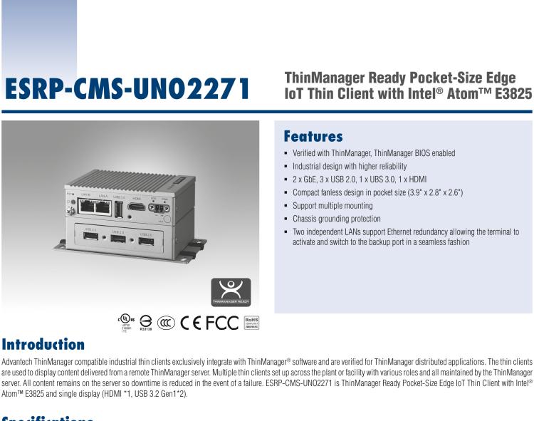 研华ESRP-CMS-UNO2271 ThinManager Ready Pocket-Size Edge IoT Thin Client with Intel® Atom™ E3825