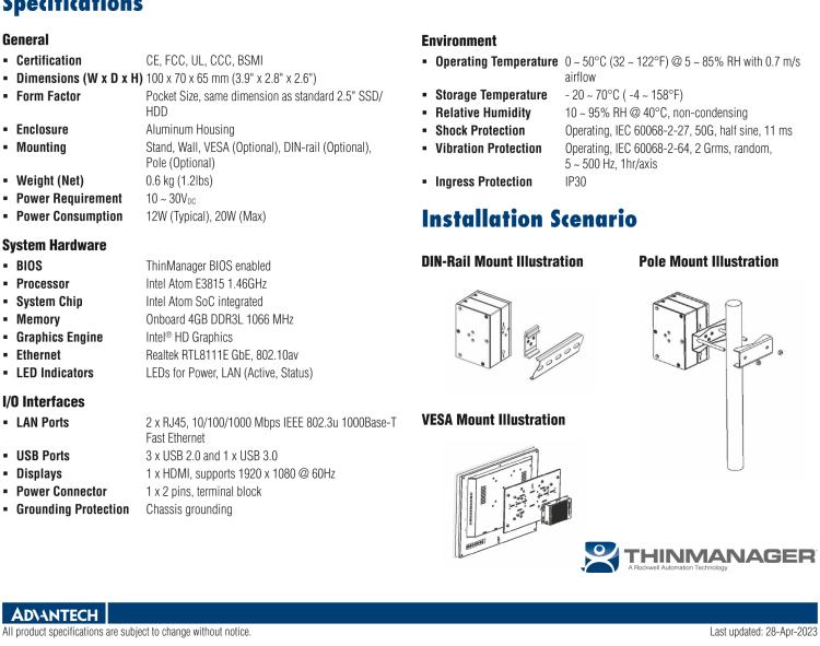 研华ESRP-CMS-UNO2271 ThinManager Ready Pocket-Size Edge IoT Thin Client with Intel® Atom™ E3825