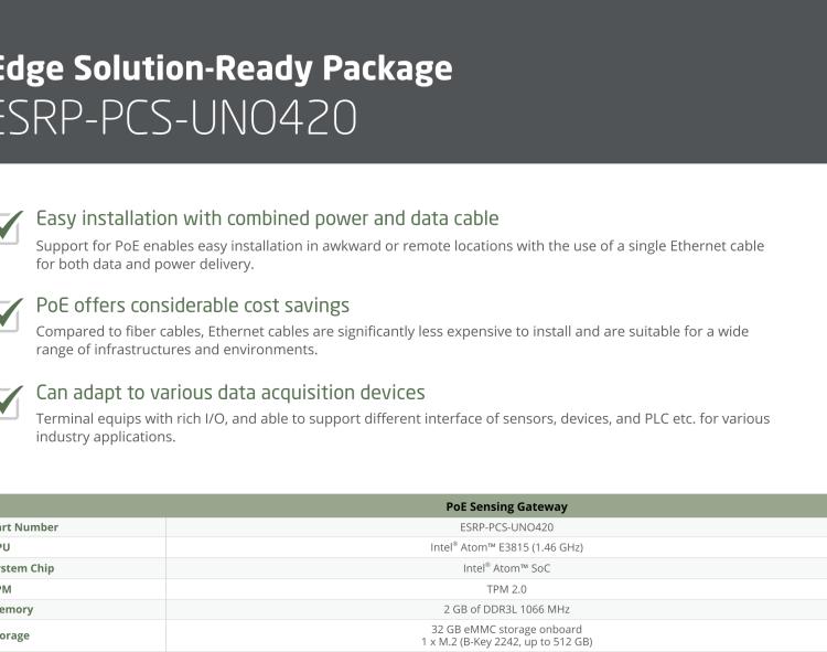 研华ESRP-PCS-UNO420 PoE Sensing Gateway, WISE-EdgeLink, Intel® Atom® E3815, 2 x LAN, 3 x COM, 4 x DI/DO