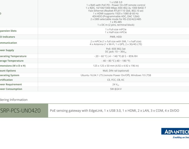 研华ESRP-PCS-UNO420 PoE Sensing Gateway, WISE-EdgeLink, Intel® Atom® E3815, 2 x LAN, 3 x COM, 4 x DI/DO