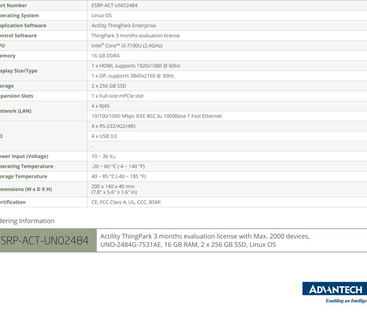 研华ESRP-ACT-UNO2484 Embedded automation computer with a preinstalled version of Actility ThingPark Enterpirse