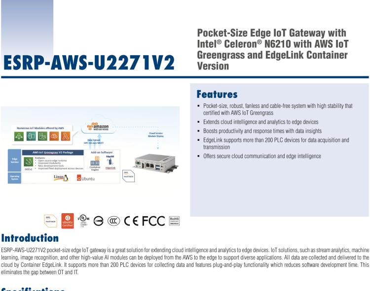 研华ESRP-AWS-U2271V2 Pocket-Size Edge IoT Gateway with Intel® Celeron®N6210 with AWS IoT Greengrass and EdgeLink Container Version