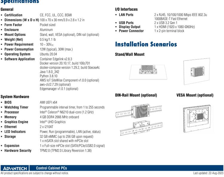 研华ESRP-AWS-U2271V2 Pocket-Size Edge IoT Gateway with Intel® Celeron®N6210 with AWS IoT Greengrass and EdgeLink Container Version