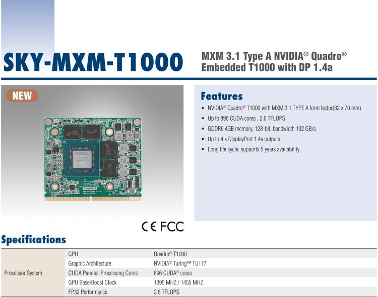 研华SKY-MXM-T1000 MXM 3.1 Type A NVIDIA®Quadro®Embedded T1000 with DP 1.4a