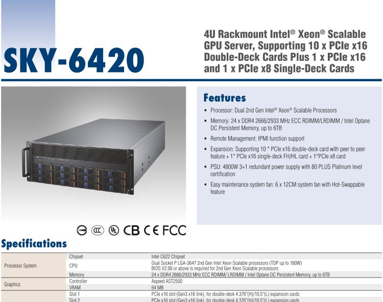 研华SKY-6420 4U机架式GPU服务器,Intel®Xeon®Scalable系列处理器 支持10个PCIe x 16双层卡,1个PCIe x 16和1个PCIe x 8单层卡