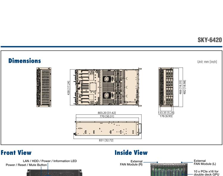 研华SKY-6420 4U机架式GPU服务器,Intel®Xeon®Scalable系列处理器 支持10个PCIe x 16双层卡,1个PCIe x 16和1个PCIe x 8单层卡