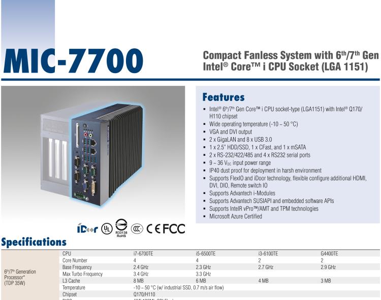 研华MIC-7700 Intel® 第六代/第七代 Core i 台式机处理器紧凑型无风扇系统