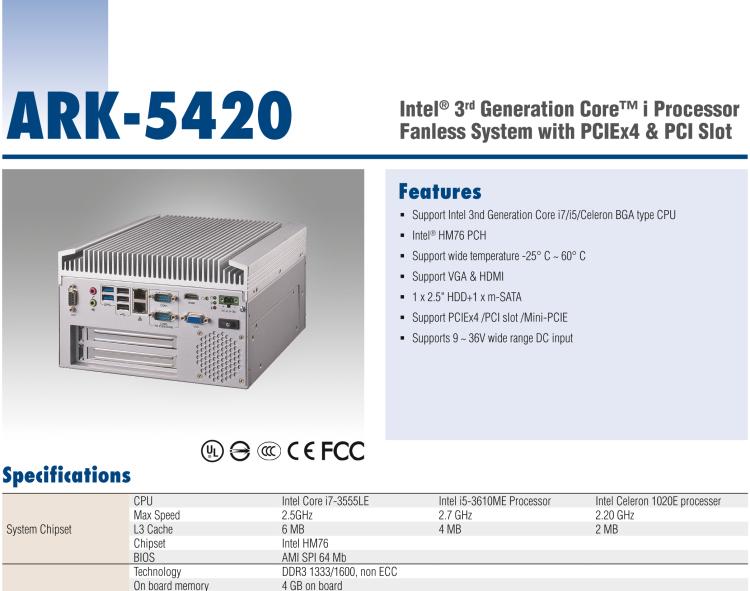研华ARK-5420 Intel® 第三代 Core™ i 处理器无风扇嵌入式工控机，支持 PCIEx4 & PCI