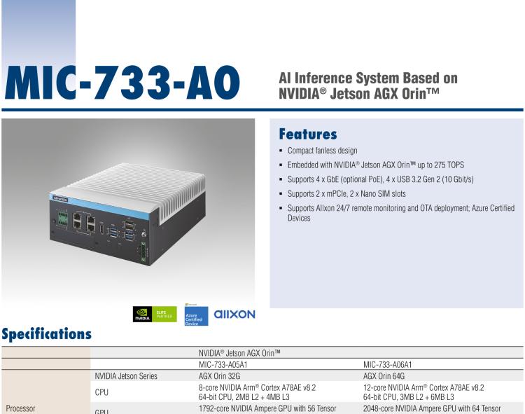 研华MIC-733-AO 基于NVIDIA Jetson AGX Orin AI推理平台