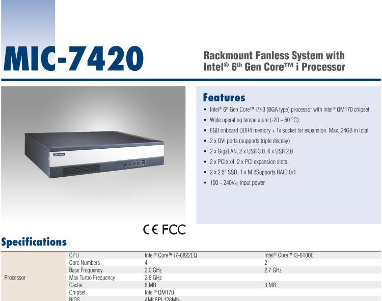 研华MIC-7420 Compact Fanless System with Intel® 6th Gen Core™ i Processor