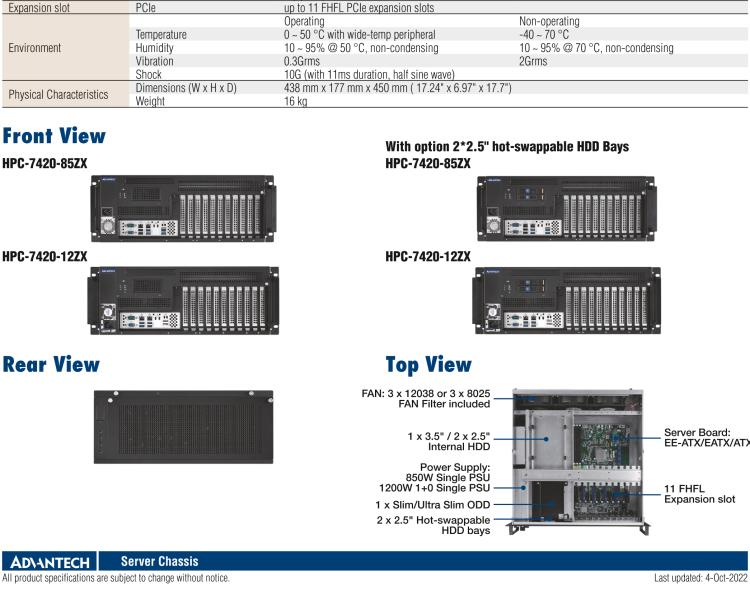 研华HPC-7420 用于EE-ATX/EATX/ATX主板的4U 短深度服务器机箱，带有11个FH/FL扩展插槽