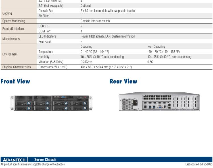 研华HPC-7282 2U 机架式机箱，适用于 Micro/ATX 服务器主板，支持8个2.5寸/3.5寸热插拔硬盘，7个半高扩展槽