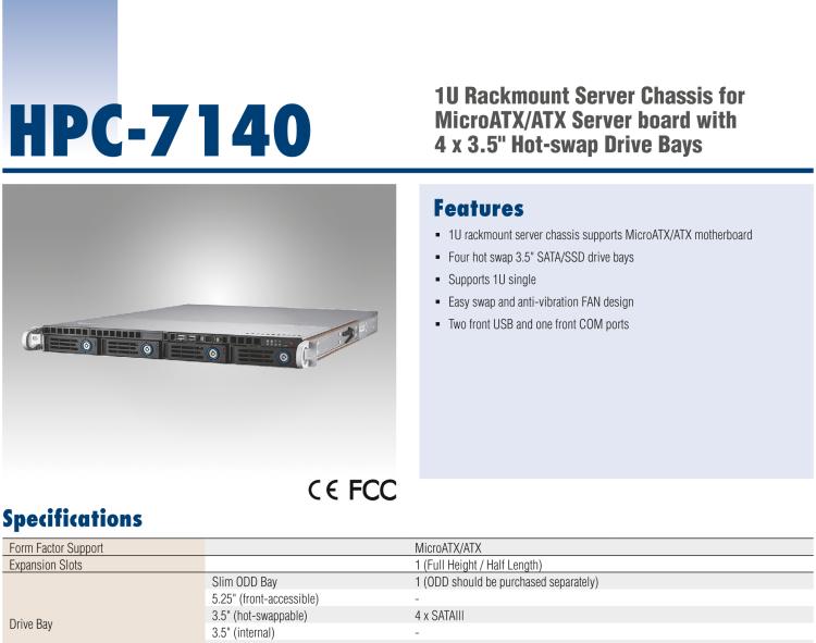 研华HPC-7140 1U 机架式服务器机箱，适用于 MicroATX/ATX 服务器主板，支持4个3.5"热插拔盘位，1个全长/半长PCI-E x16扩展插槽