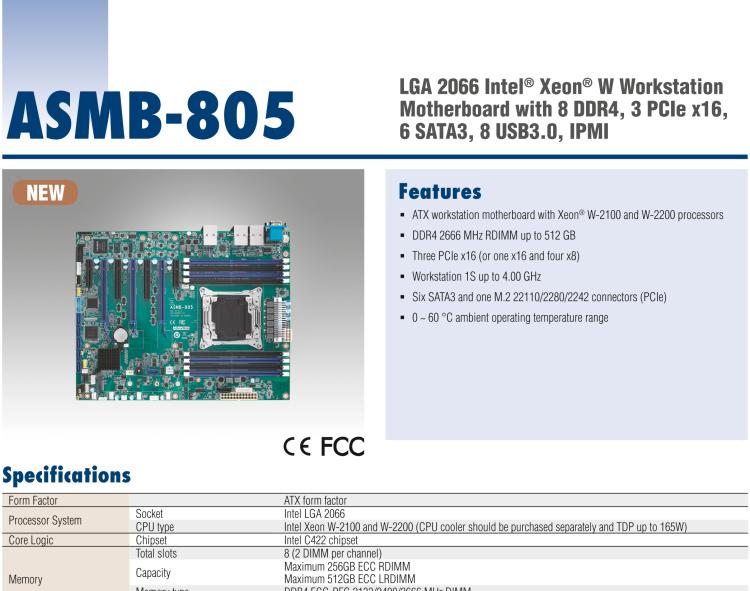研华ASMB-805 LGA 2066 Intel® Xeon® W Workstation Motherboard with 8 DDR4, 3 PCIe x16, 7 SATA3, 8 USB3.0, IPMI