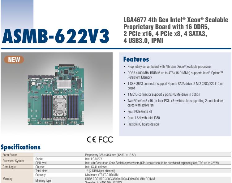 研华ASMB-622V3 LGA4677 4th Gen Intel® Xeon® Scalable Proprietary Board with 16 DDR5, 2 PCIe x16, 4 PCIe x8, 4 SATA3, 4 USB3.0, IPMI