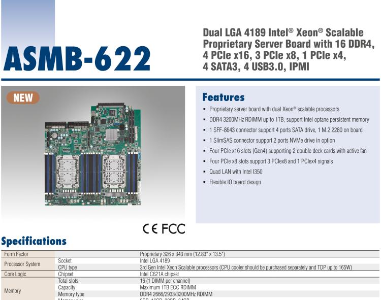 研华ASMB-622 Dual LGA 4189 Intel® Xeon® Scalable Proprietary Server Board with 16 DDR4, 4 PCIe x16, 3 PCIe x8, 1 PCIe x4, 4 SATA3, 4 USB3.0, IPMI