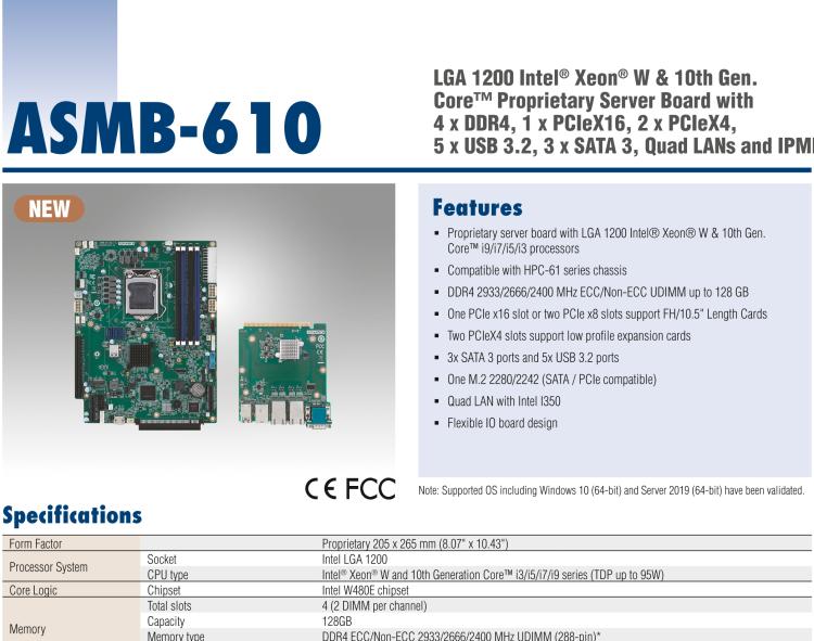 研华ASMB-610 LGA 1200 Intel® Xeon® W & 第十代 Core™专用服务器主板，带4 x DDR4, 1 x PCIeX16, 2 x PCIeX4, 5 x USB 3.2, 3 x SATA 3, Quad LANs and和 IPMI