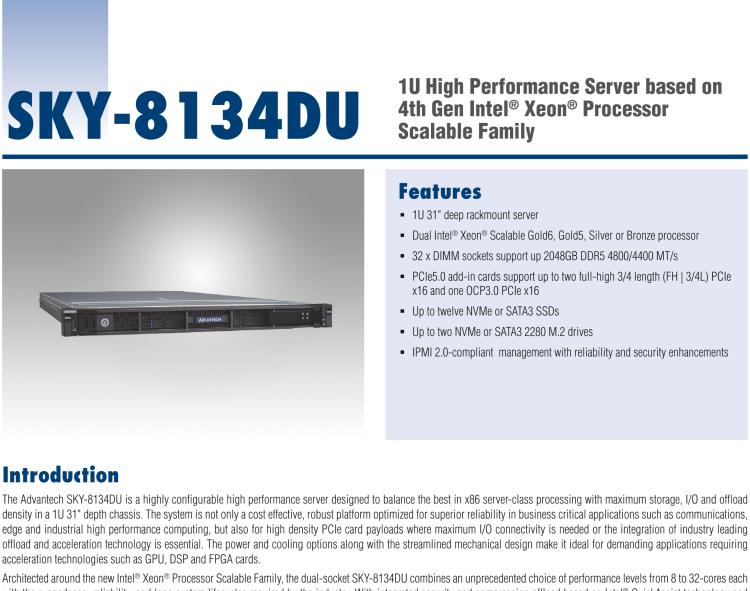 研华SKY-8134DU 1U High Performance Server based on 4th Gen Intel® Xeon® Processor Scalable Family