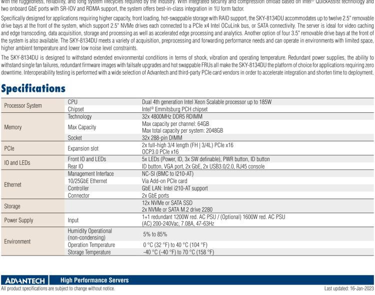 研华SKY-8134DU 1U High Performance Server based on 4th Gen Intel® Xeon® Processor Scalable Family