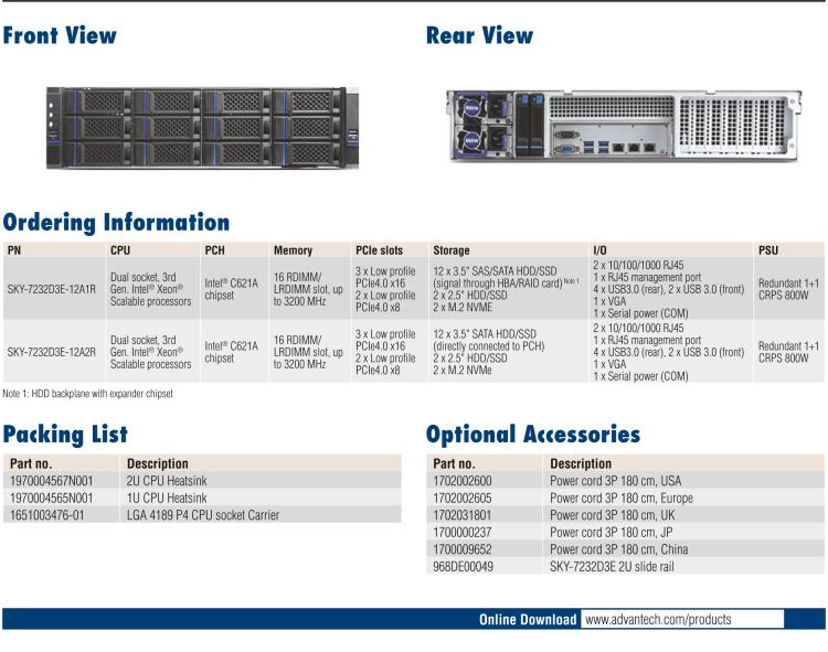 研华SKY-7232D3E 2U HCI Server with 3rd Gen. Intel® Xeon® Scalable Processors