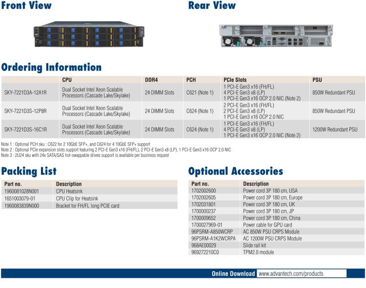 研华SKY-7221 2U High Performance Rackmount Server with Intel Xeon Scalable Processor Family