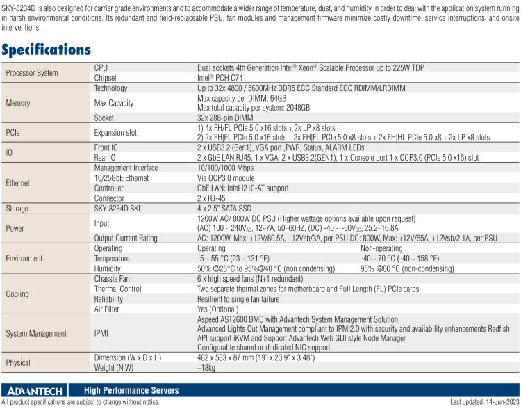 研华SKY-8234D Compact 2U Edge Server based on Dual 4th Gen Intel® Xeon® Scalable Processors