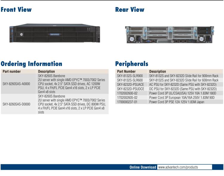 研华SKY-8260S 紧凑型2U 高性能电信级服务器, 基于AMD EPYC™ 7003/7002 系列处理器
