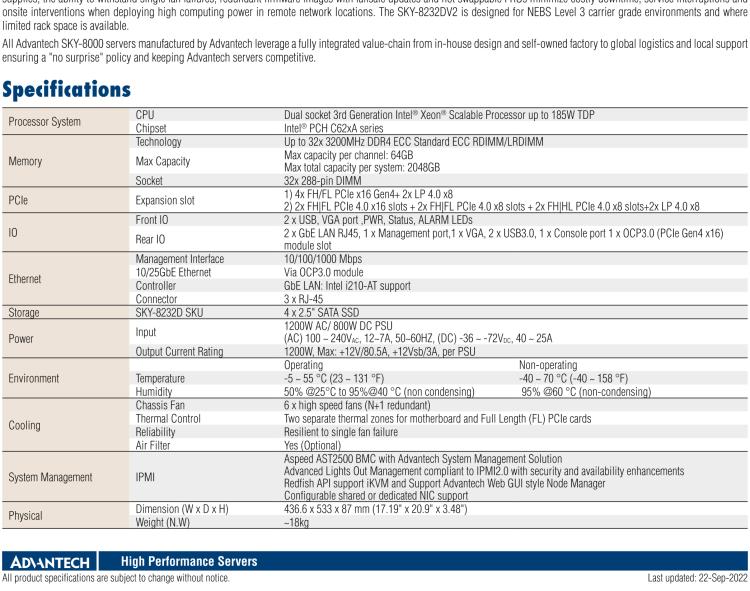 研华SKY-8232DV2 Compact 2U Edge Server based on Dual 3rd Gen Intel® Xeon® Scalable Processors